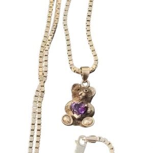 Sterling Silver Amethyst Heart Teddy Bear Vintage Necklace